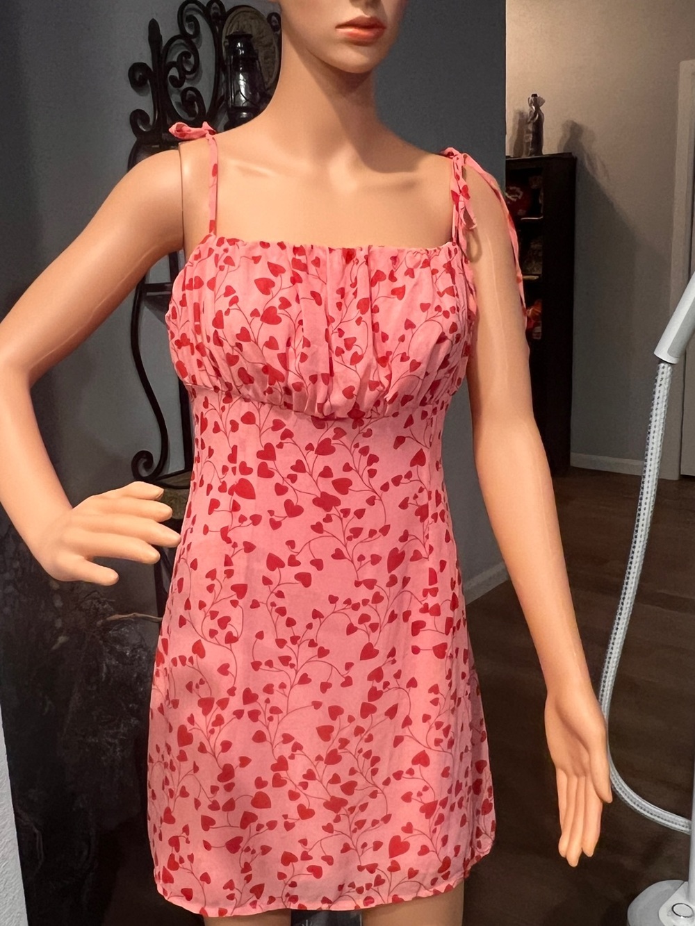 Missguided Pink Slip Dress with Red Heart Vine Print